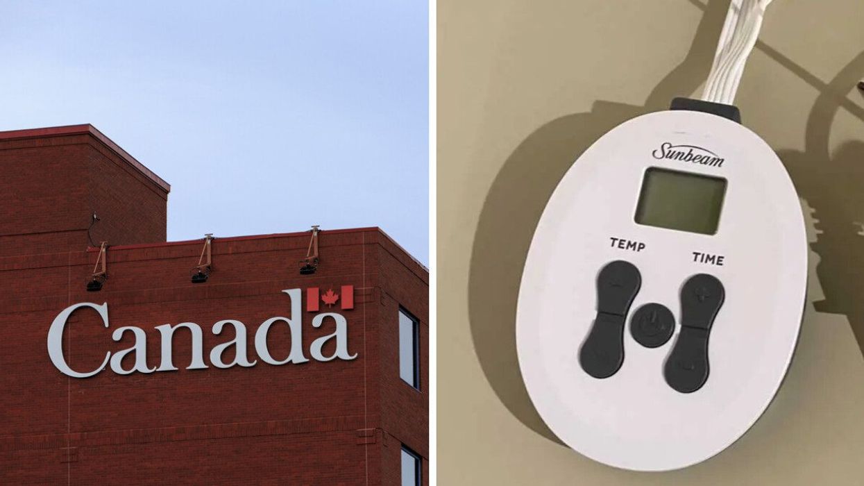 A Government of Canada building. Right: A Sunbeam heated blanket temperature controller.