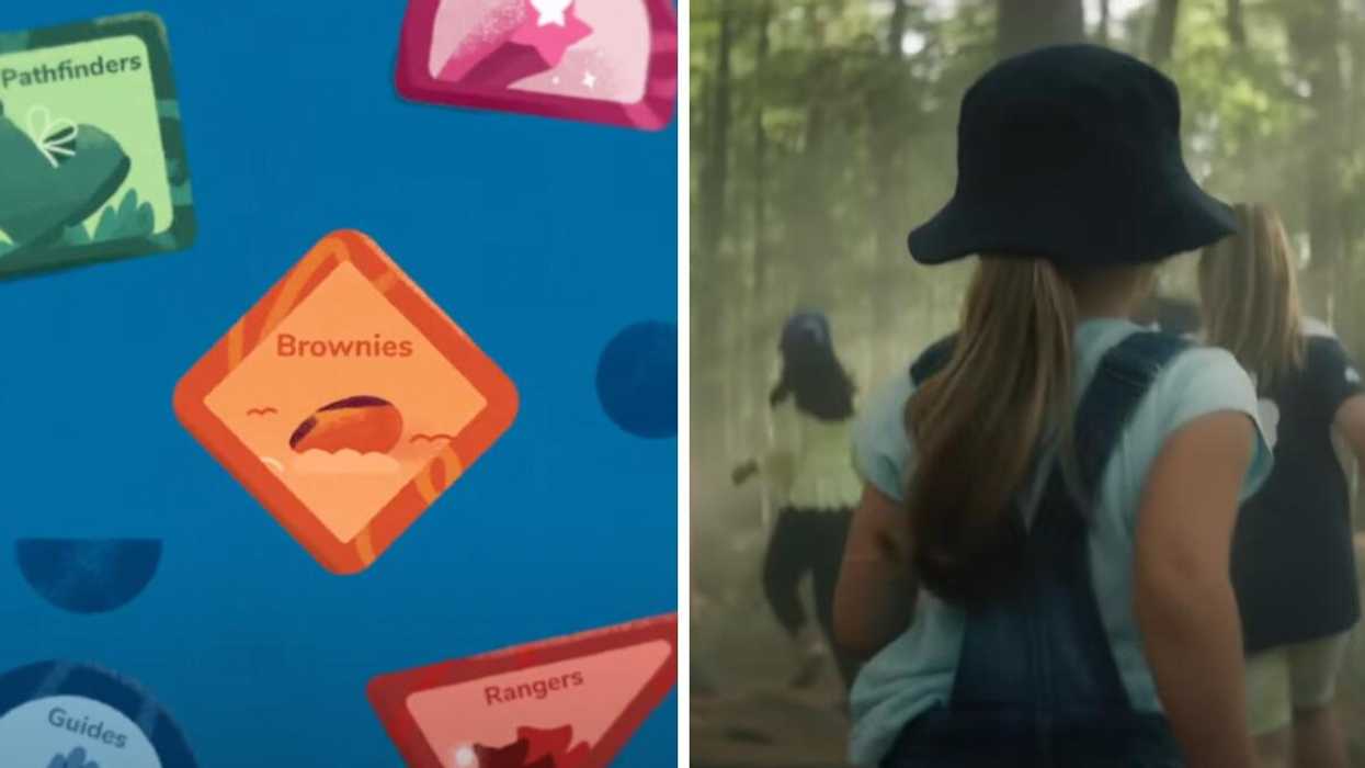 A graphic with the Brownies badge. Right: A young girl running.