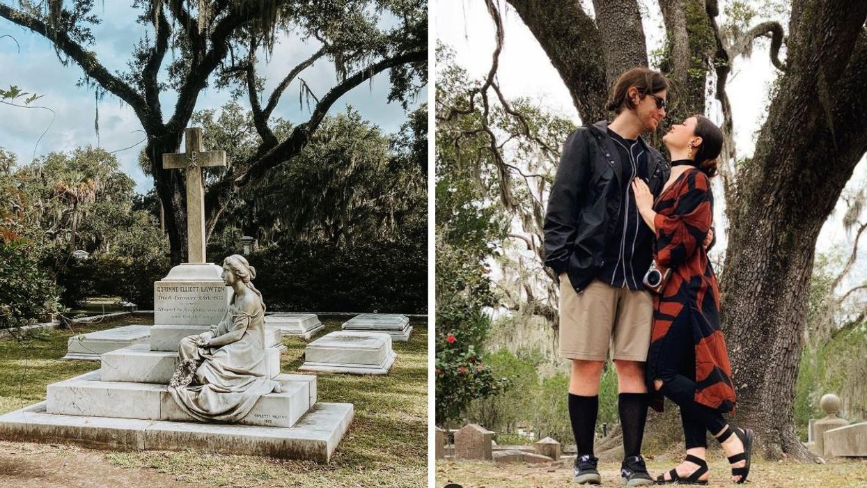 A grave stone with a statue of a woman sitting. Right: A couple hugging in Bonaventure Cemetery.