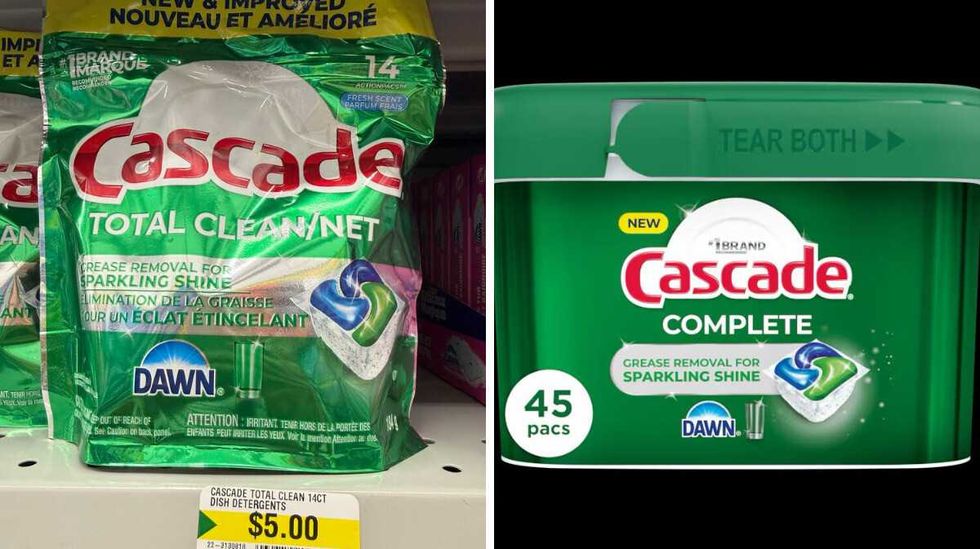 A green and red bag with a label thay says Cascade on the front sitting on a store shelf. Right: A green tub with the writing Cascade on the front.