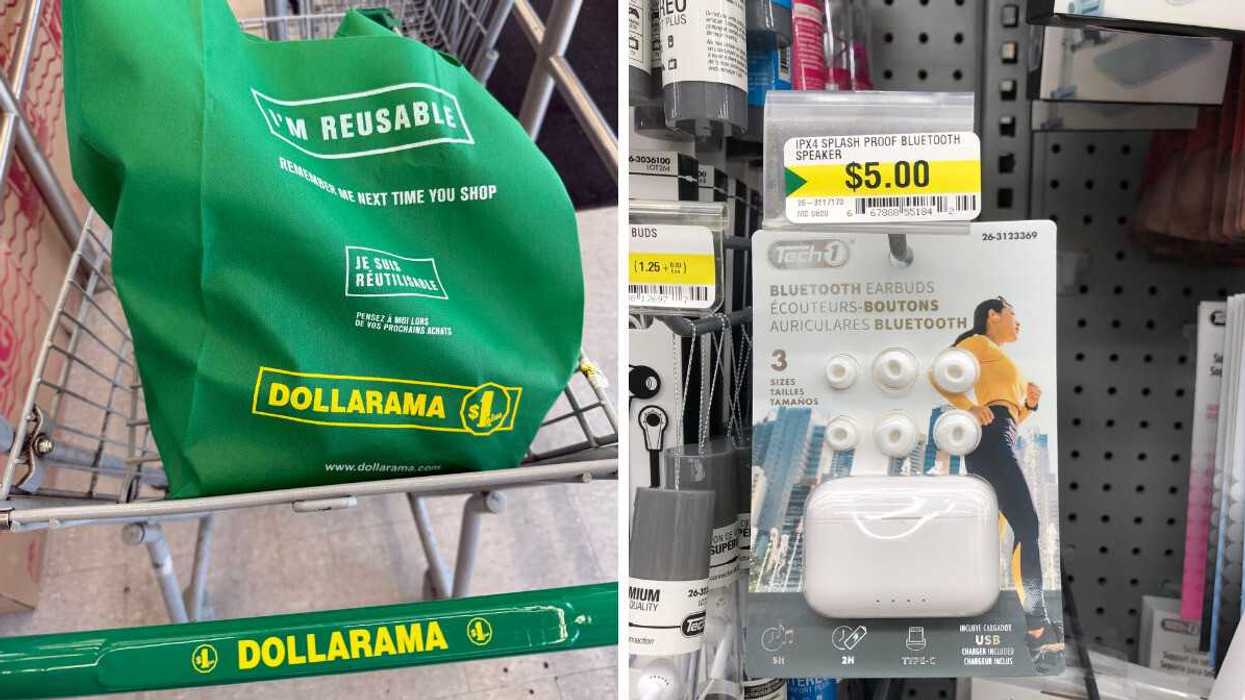 A green and yellow bag in a shopping cart that says Dollarama on it. Right: Bluetooth earbuds hanging on a store shelf.