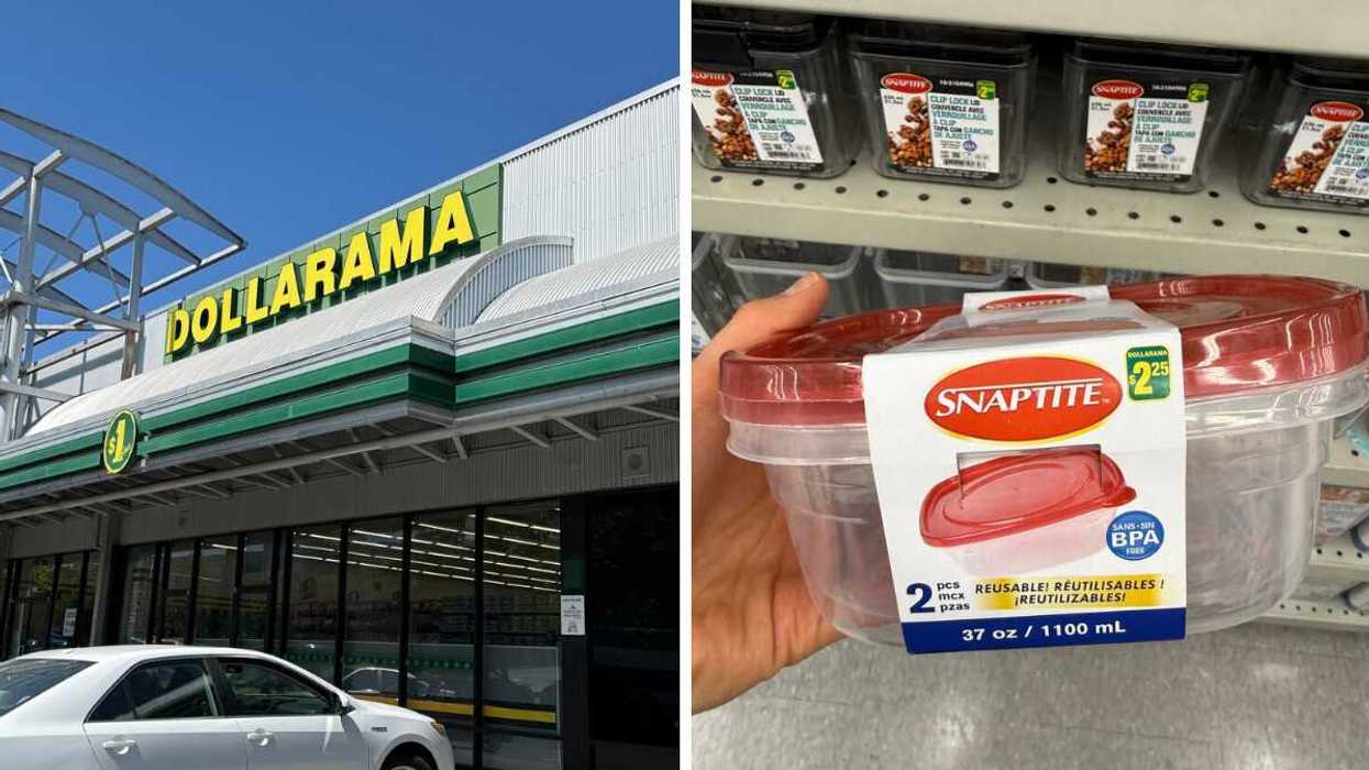 A green and yellow Dollarama sign with a white car parked in front of the store. Right: A hand holding a clear plastic container with a red lid.
