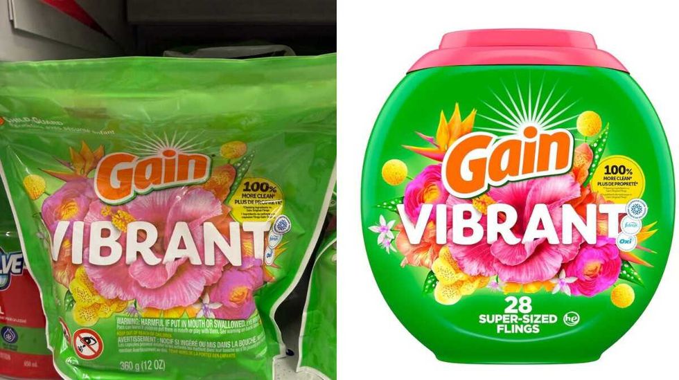A green bag with a pink flower on it that says Gain Vibrant. Right: A green tub with a pink flower on it that says Gain Vibrant.