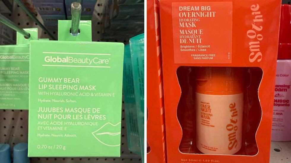 A green box hanging on a shelf with Gummy Bear Lip Sleeping Mask written on the front. Right: A red box with a container inside and writing that says Dream Big Overnight Hydrating Mask.