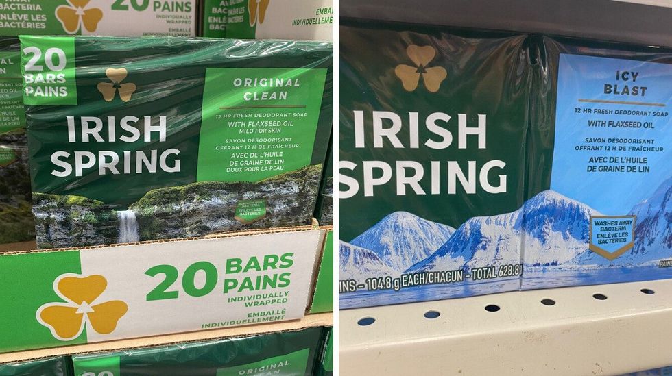 A green pack of 20 bars of Irish Spring soap. Right: A green and blue pack of Irish Spring soap on a store shelf.
