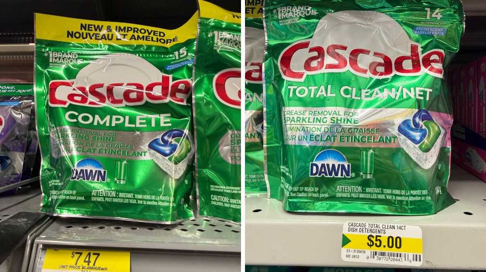 A green, red and white bag that says "Cascade Complete" and has a picture of a dishwasher pod on it. A green, red and white bag that says "Total Clean" and has a picture of a dishwasher pod on it.