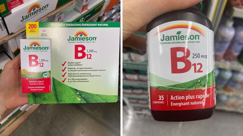 A green, red and white pack of Jamieson B12 vitamins. Right: A hand holding a bottle that says Jamieson B12 on it.