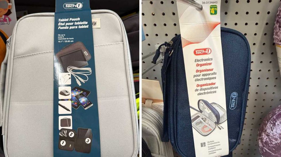 A grey bag with a photo of a tablet and other computer accessories on it. Right: A blue bag with a photo of tech cables stored inside.