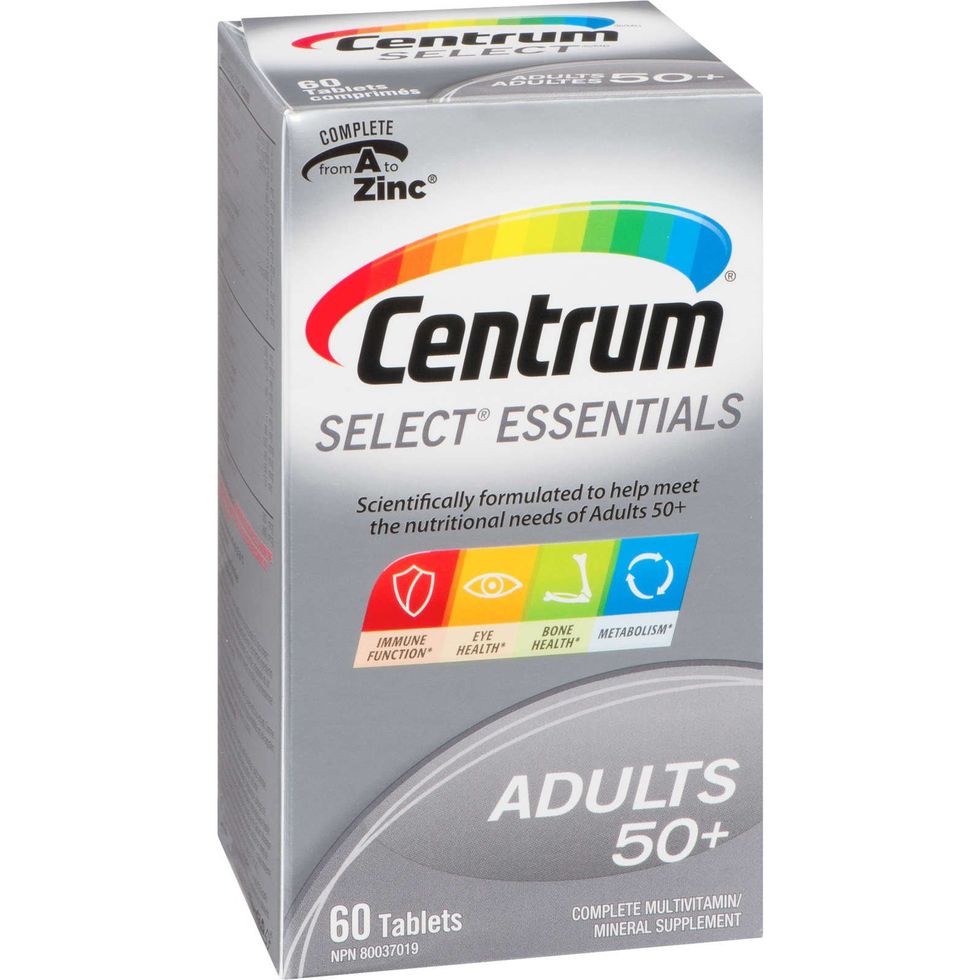 A grey box of Centrum Select Essentials Adults 50+ Multivitamin and Multimineral Supplement Tablets, 60 count.