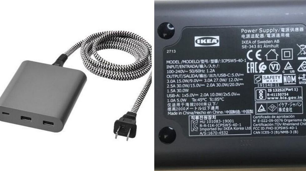 A grey USB charger. right: The back of a USB charger sold at IKEA.