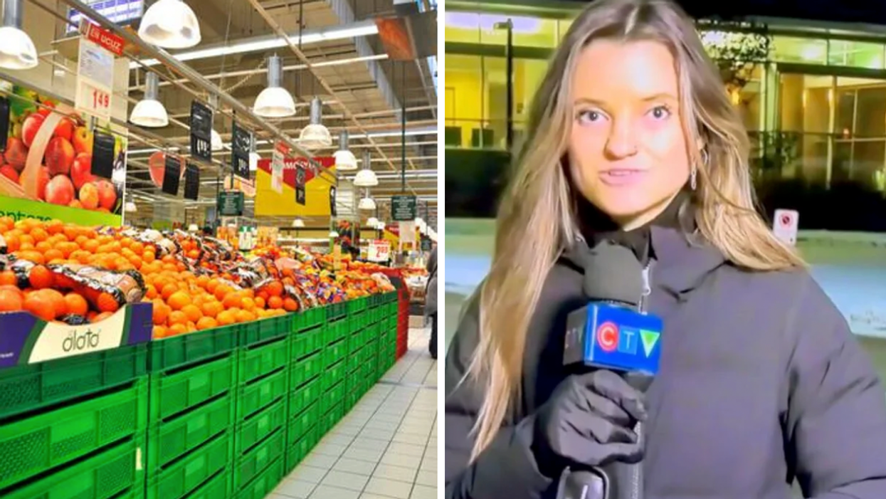 A grocery aisle full of oranges. Right: CTV reporter Jessica Robb on air.