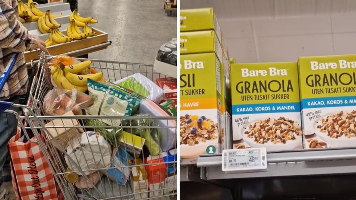 A grocery cart full of food. Right: Granola on a store shelf in Longyearbyen, Svalgard.
