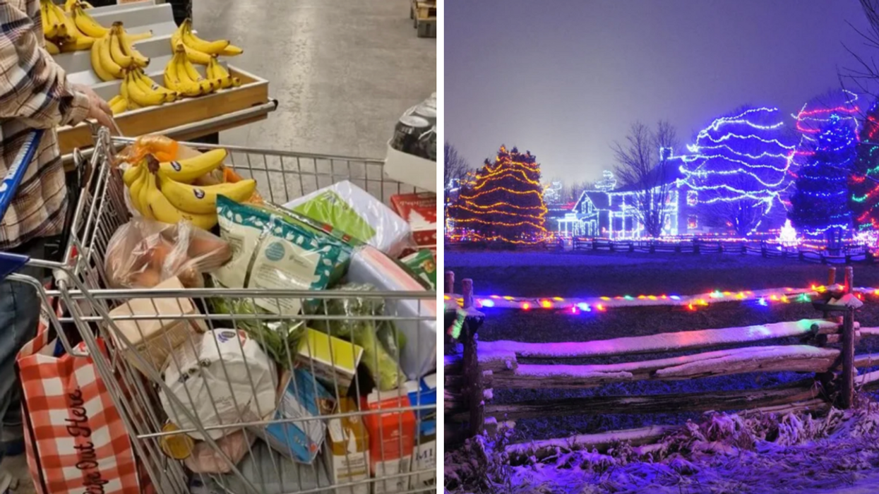 A grocery cart full of food. Right: Upper Canada Village during the Alight at Night festival.