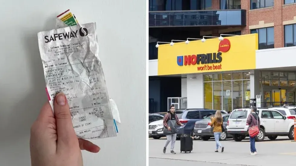 A grocery receipt. Right: A No Frills grocery store.