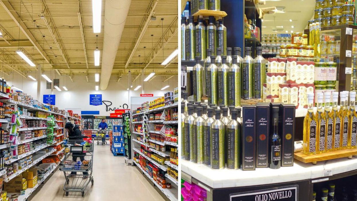A grocery store aisle. Right: A display of olive oil.