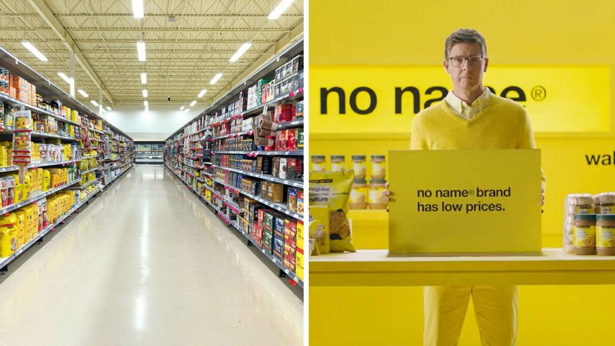 A grocery store aisle. Right: Loblaws President Galen Weston Jr. in a No Name commercial.