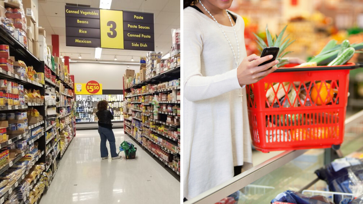 A grocery store in Canada. Right: A person on their phone at a store.