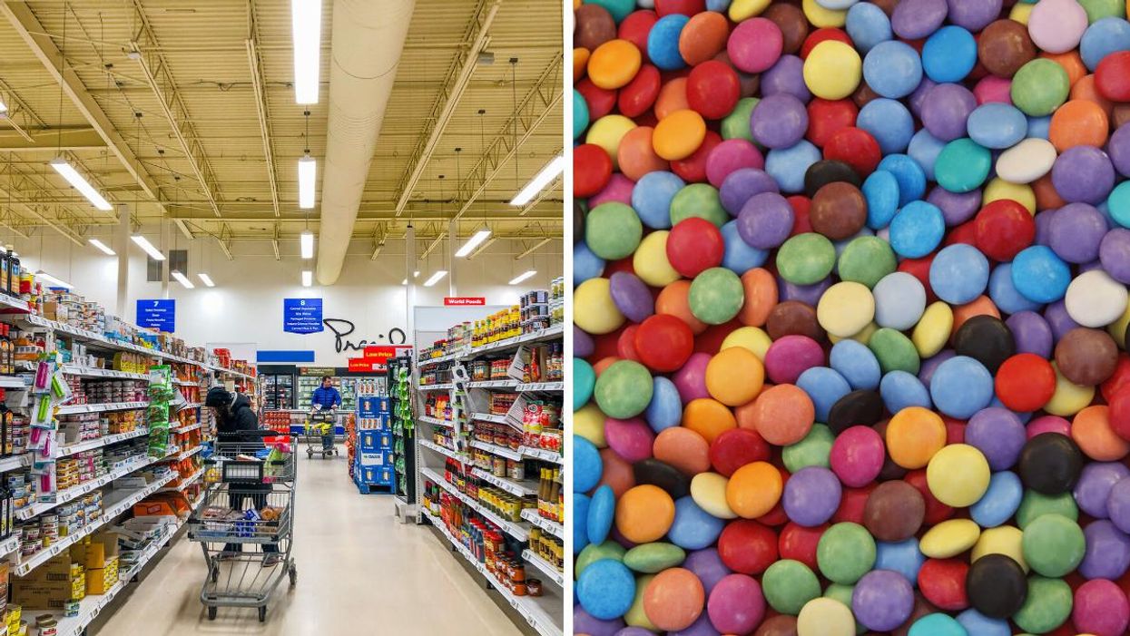 A grocery store in Canada. Right: A pile of Smarties.