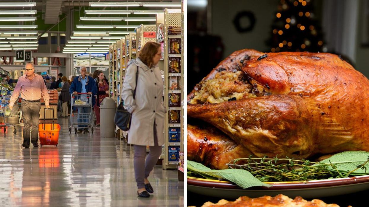 A grocery store in Montreal. Right: A turkey.