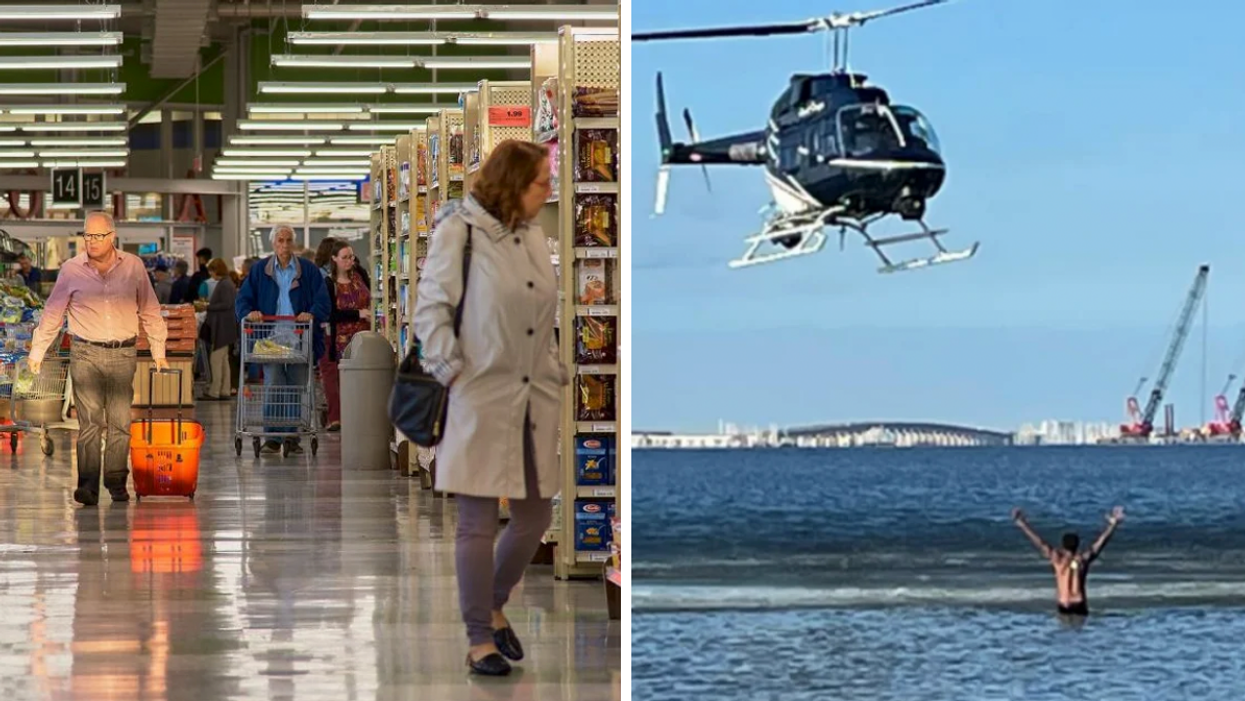 A grocery store in Montreal. Right: Florida man in the middle of the ocean.