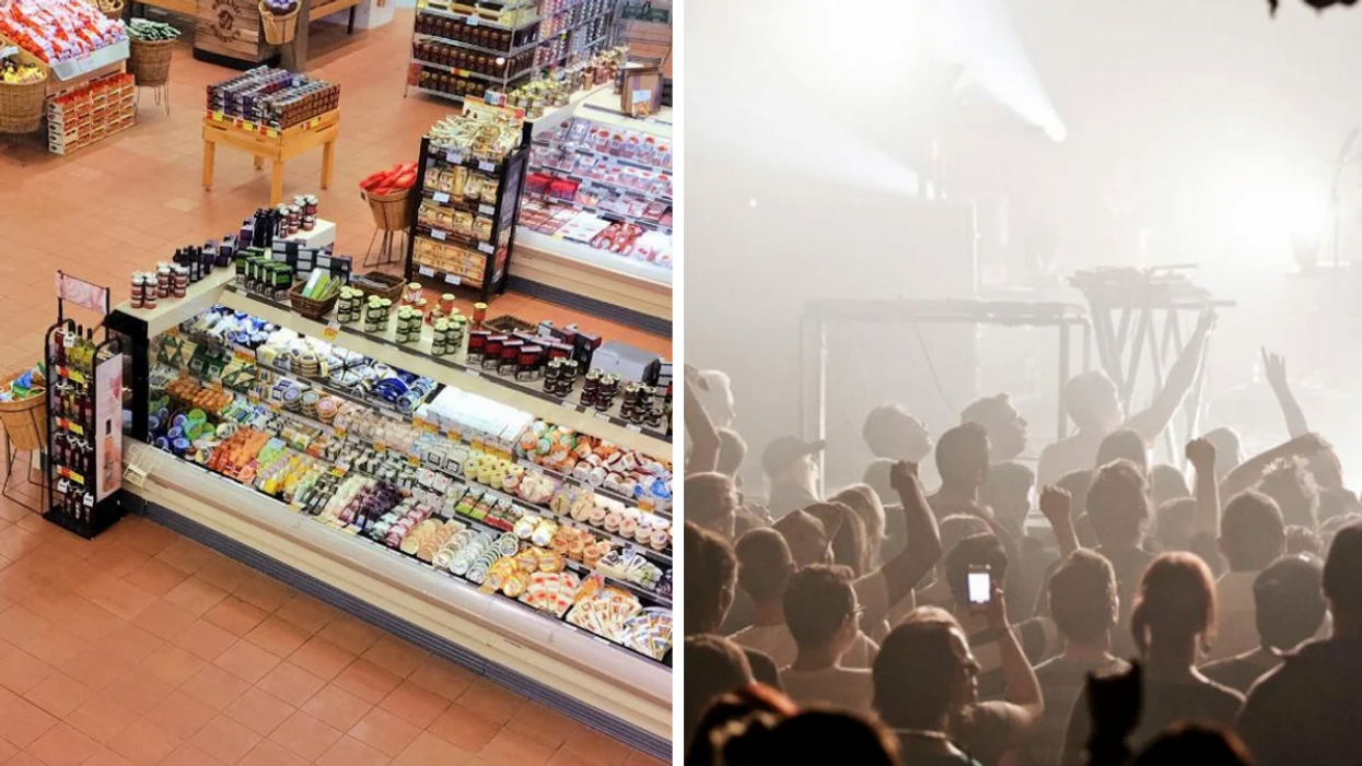 A grocery store in Montreal. Right: People at a concert.