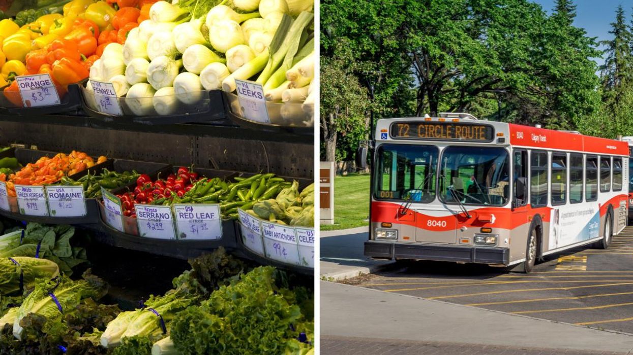 A grocery store. Right: A Calgary bus.