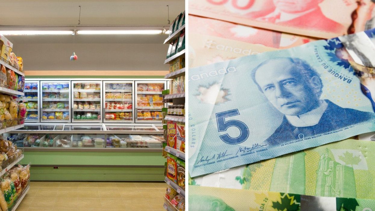 A grocery store. Right: Canadian dollars.