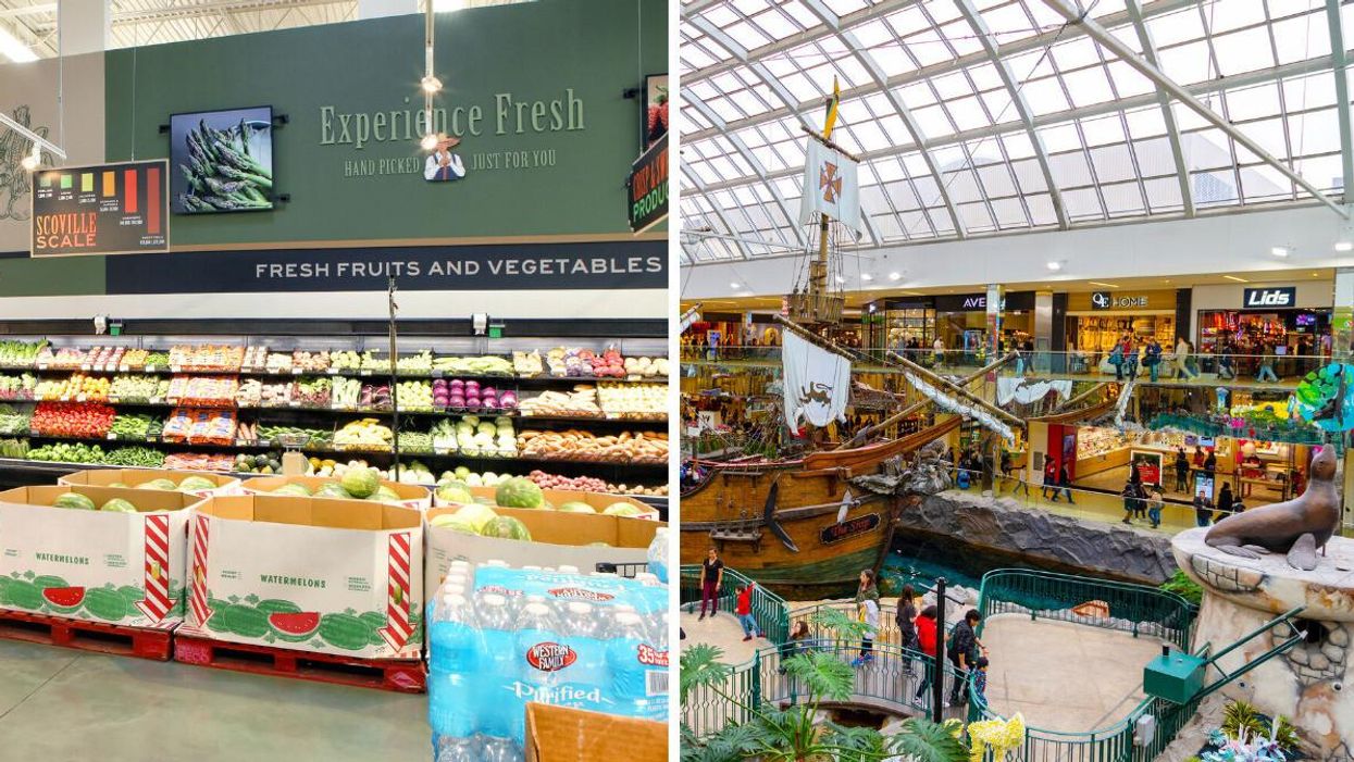 A grocery store. Right: West Edmonton Mall.