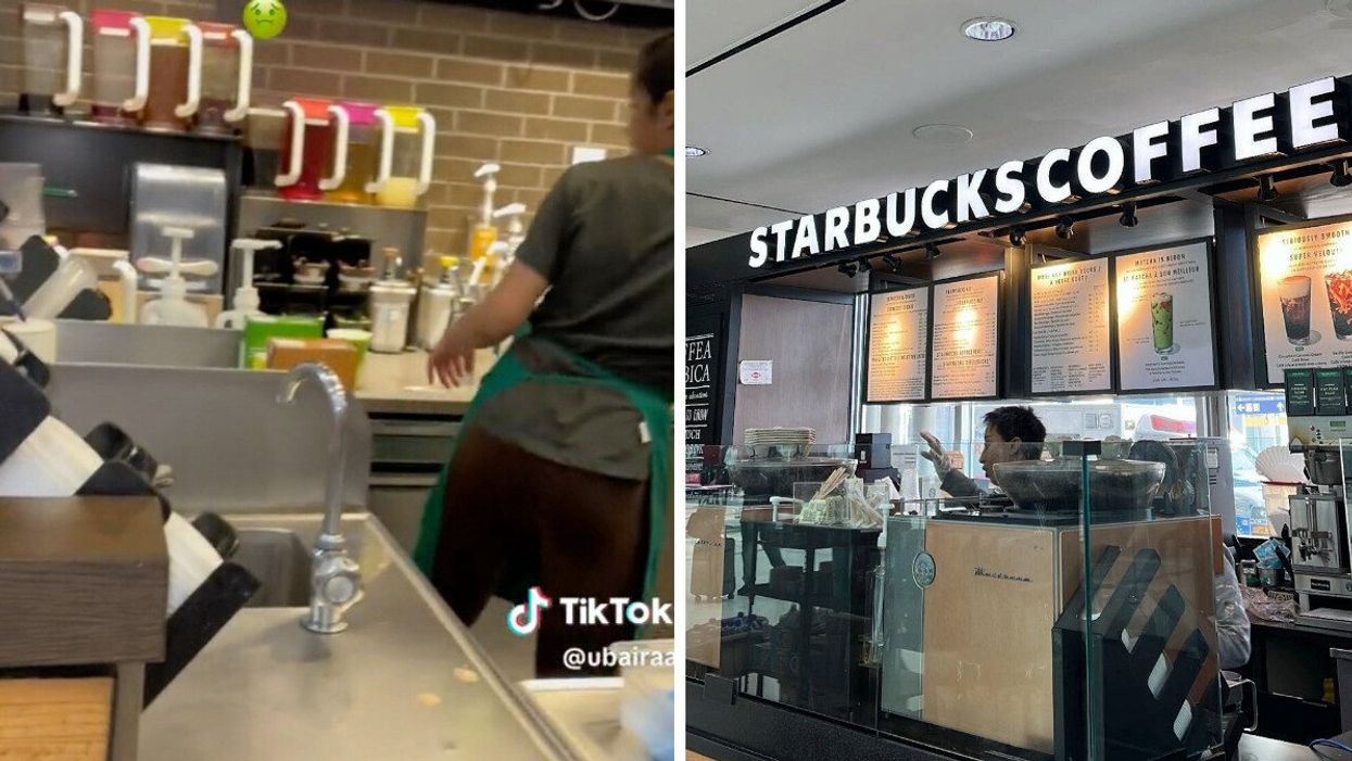 A gross discovery at Starbucks inside Terminal 1 of Pearson Airport. Right: A Starbucks at Pearson Airport.