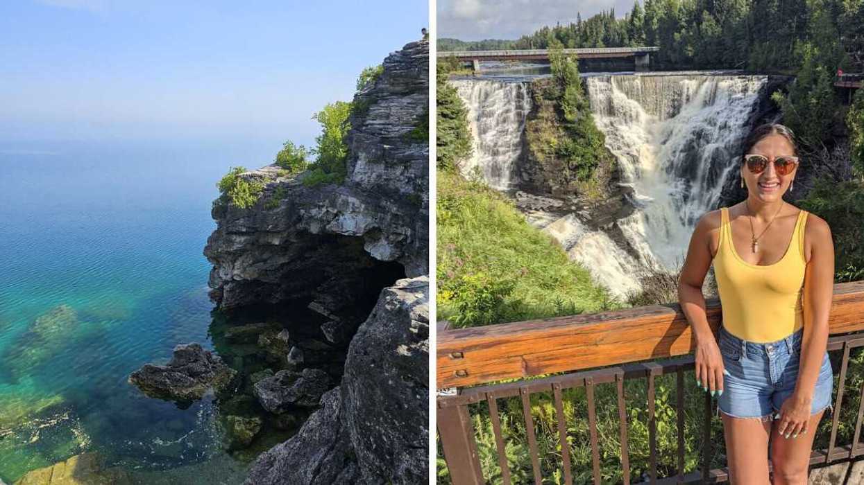 A grotto. Right: A person standing beside a waterfall.