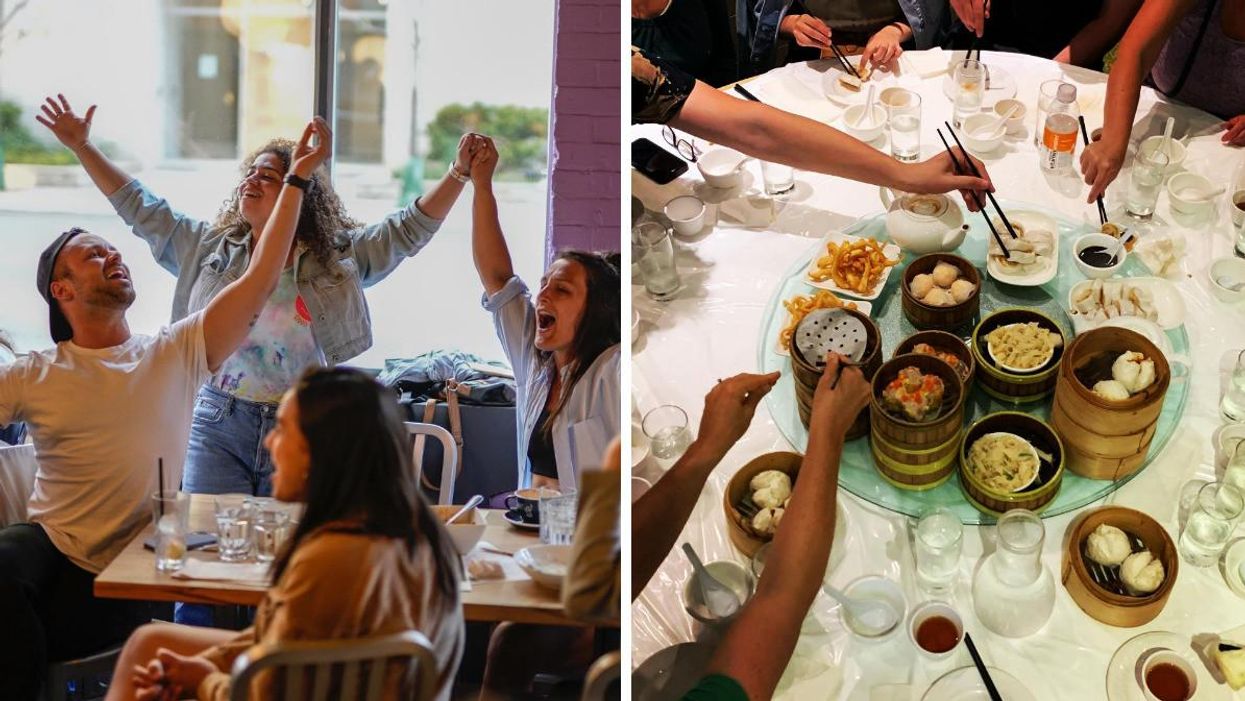 A group cheering during trivia night. Right: A table of people sharing dim sum.