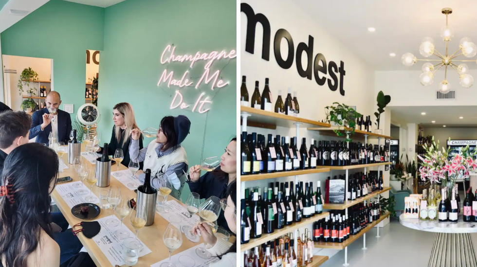 A group doing a wine tasting. Right: The wine bottles in the wine room.