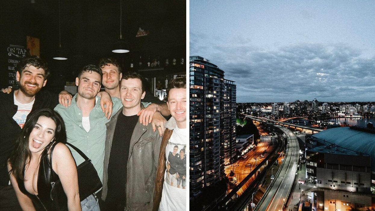 A group of friends at a bar. Right: Vancouver bird's eye view of viaduct.