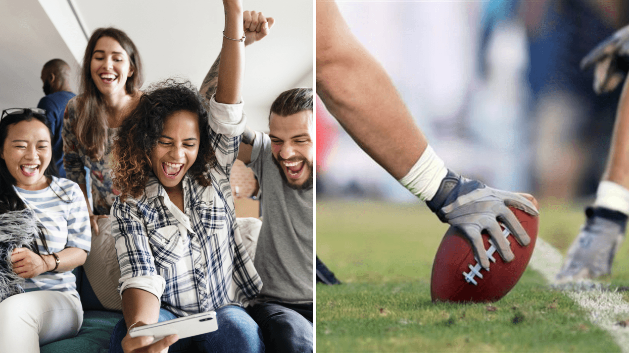 A group of friends cheering and watching a sports game together on a couch. Right: A close-up of a football player’s hand placing the ball on the field before a play.