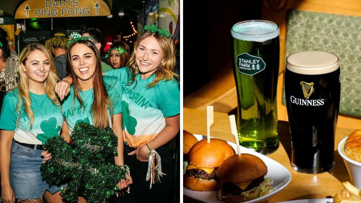 A group of friends dressed up for St. Patrick's Day. Right: Guinness beer, sliders and green beer.