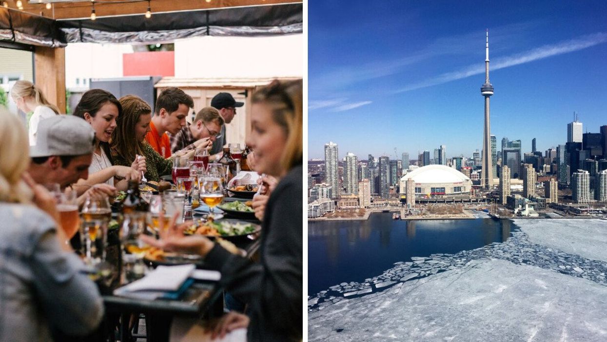 A group of friends having drinks. Right: Toronto skyline in winter