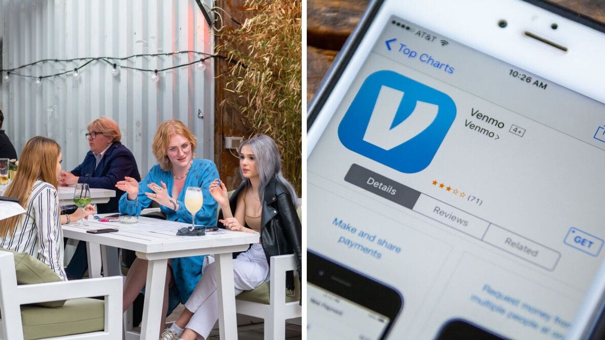 A group of friends having drinks together. Right: The Venmo app.