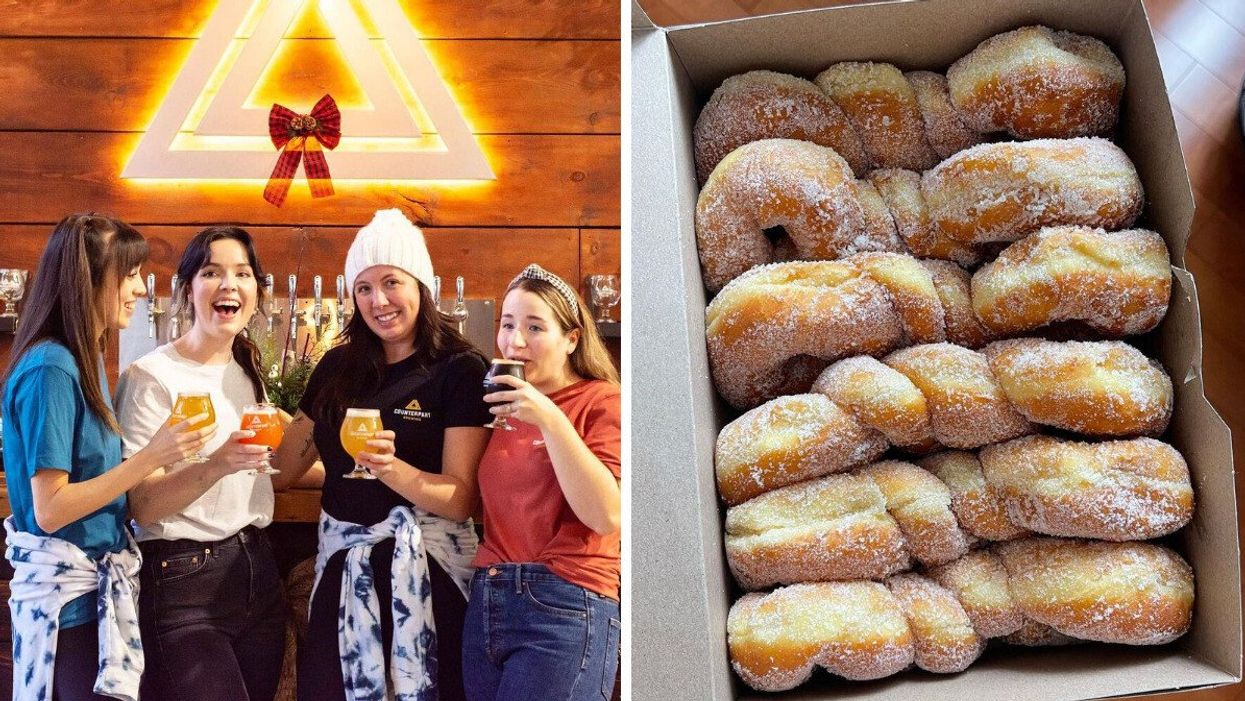 A group of girls smiling and laughing while holding beer. Right: A box filled with sugary donut twists.