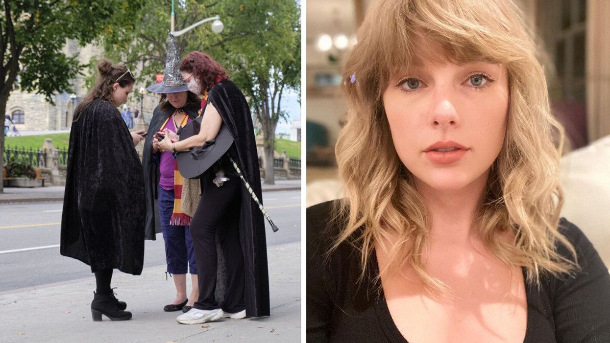 A group of Harry Potter fans. Right: Taylor Swift.