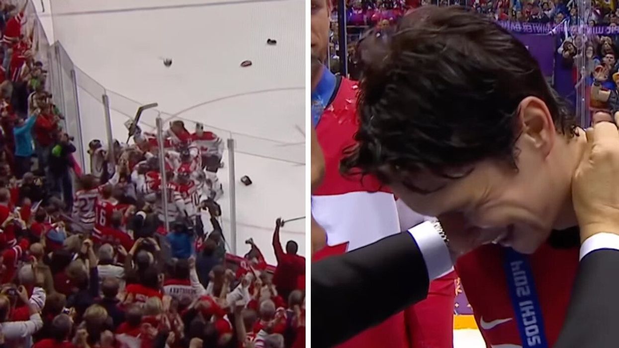 A group of hockey players going in for a group hug on the ice with the crowd cheering. Right: A man receiving an Olympic medal.