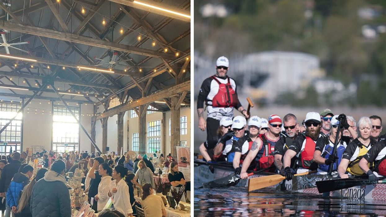 A group of people at a market. Right: A group of people on a dragon boat.