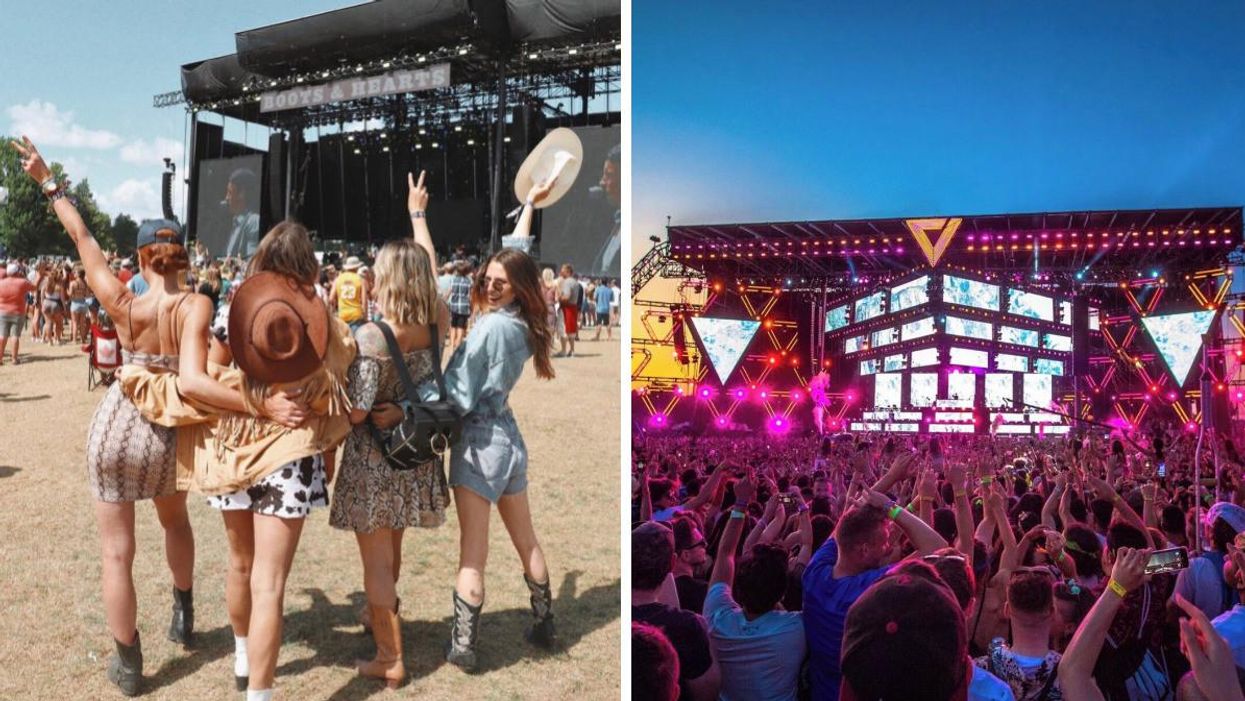 A group of people at Boots and Hearts Music Festival. Right: People stand in front of a stage at Veld Music Festival.