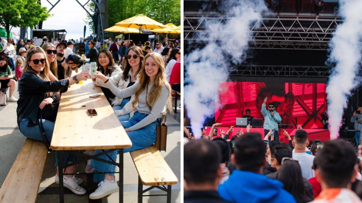 A group of people clinking their drinks together at an outdoor event. Right: An artist performing for a group of people.