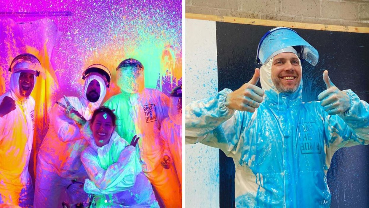 A group of people covered in paint. Right: A man smiling covered in blue paint with his thumbs up.