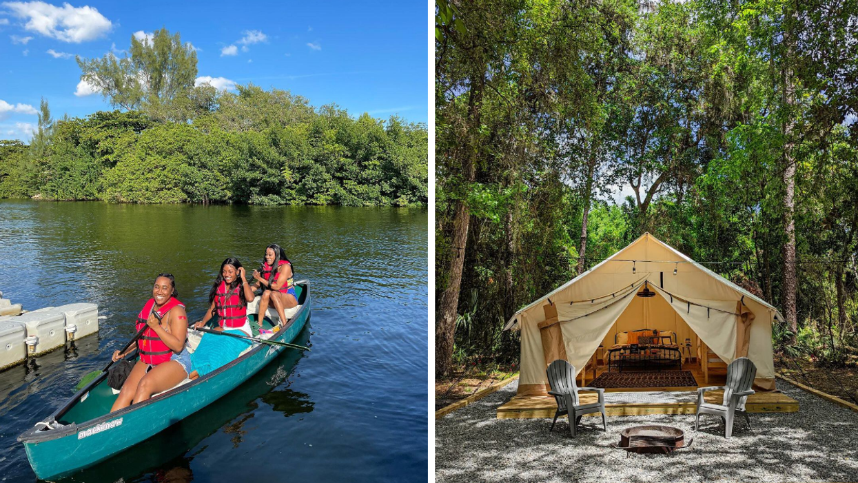 A group of people kayaking down a river. Right: Glamping in Tampa.