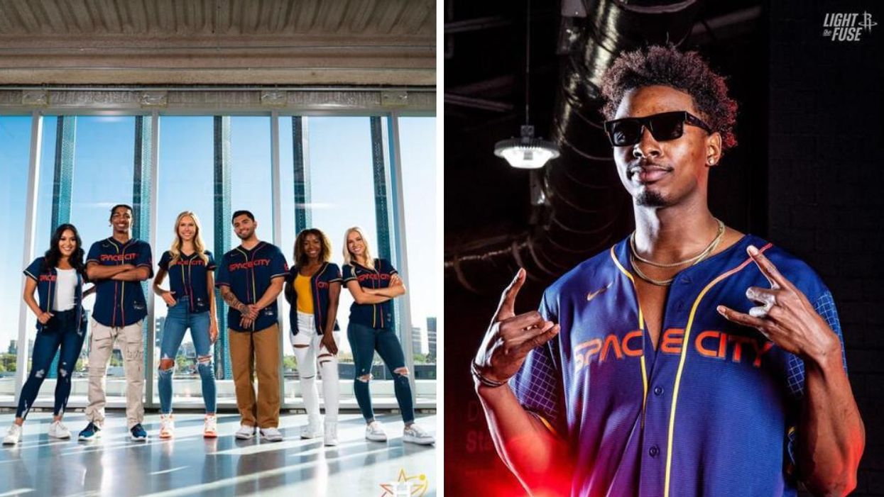 A group of people model the new "City Connect" jersey. Right: Houston Rockets forward Jae'Sean Tate shows off his "City Connect" jersey.