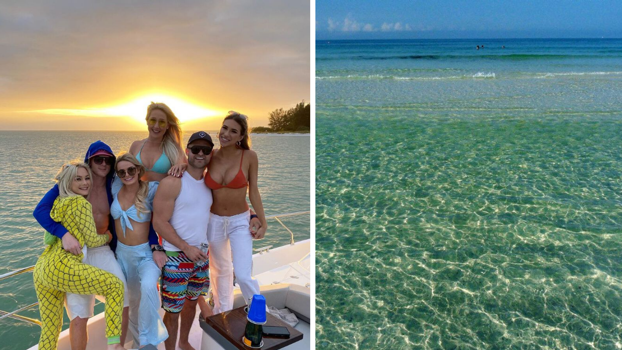A group of people on a boat in Siesta Key. Right: Siesta Beach.