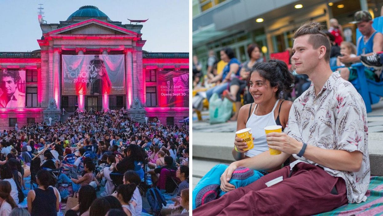 A group of people sitting outside a building. Right: A couple enjoying drinks on the steps of a building.