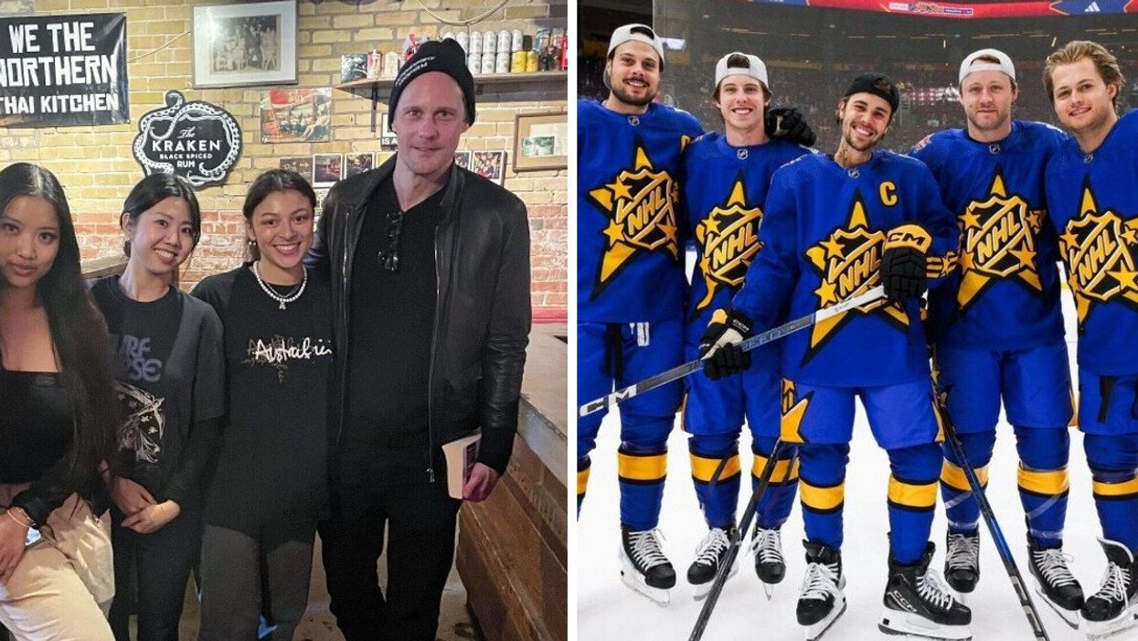 A group of people standing inside a restaurant and smiling for the camera. Right: A group of men in hockey gear on the ice.