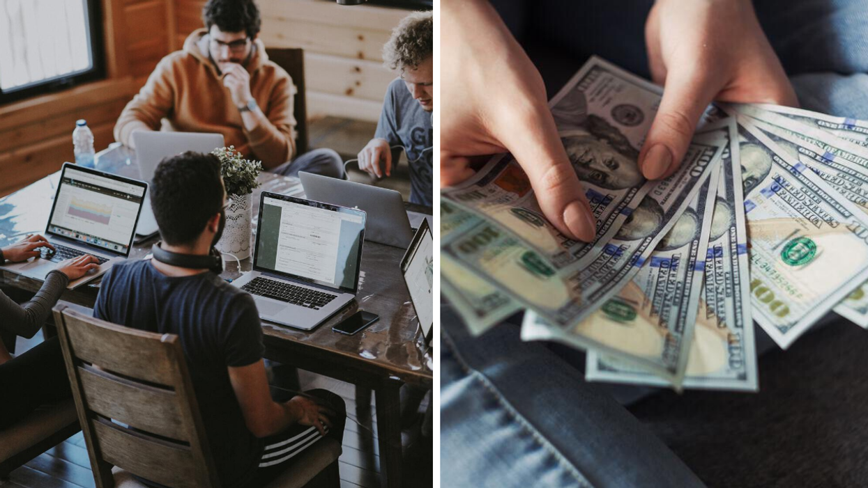 A group of people working on laptops. Right: A person holding American money.